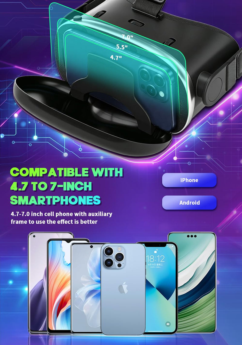 VR Headset with Bluetooth Controller, HD Aspheric Lenses, Adjustable Focus & IPD – Universal Fit for 4.7–7" Smartphones with Heat Dissipation Design
