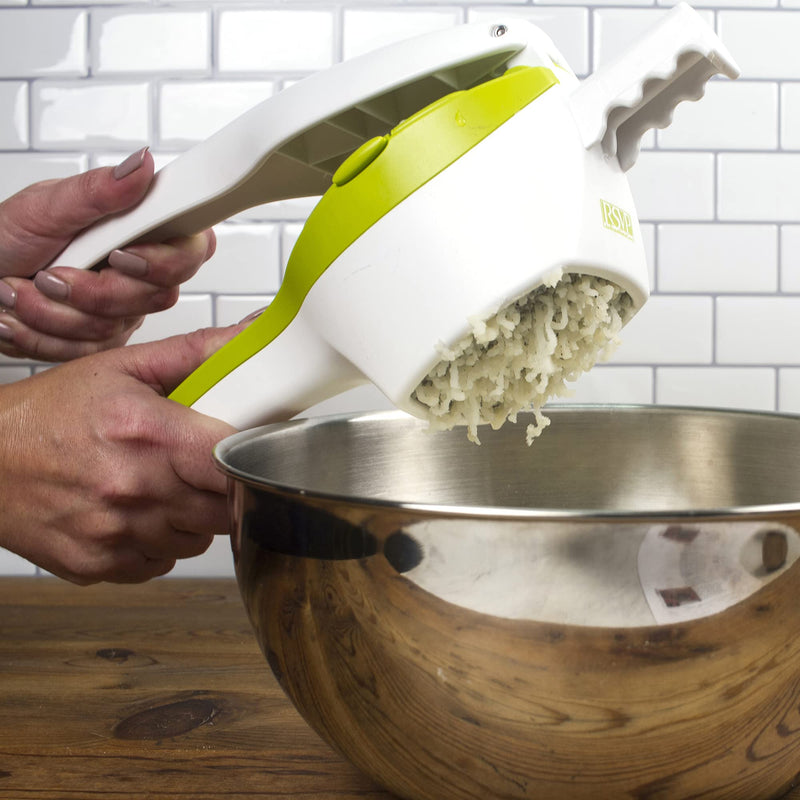 RSVP International (SPUD) Potato Ricer, White/Green | Mash Potatoes, Fruits, Vegetables & More | Includes Medium & Coarse Plates | Pot Resting Extension | Dishwasher Safe