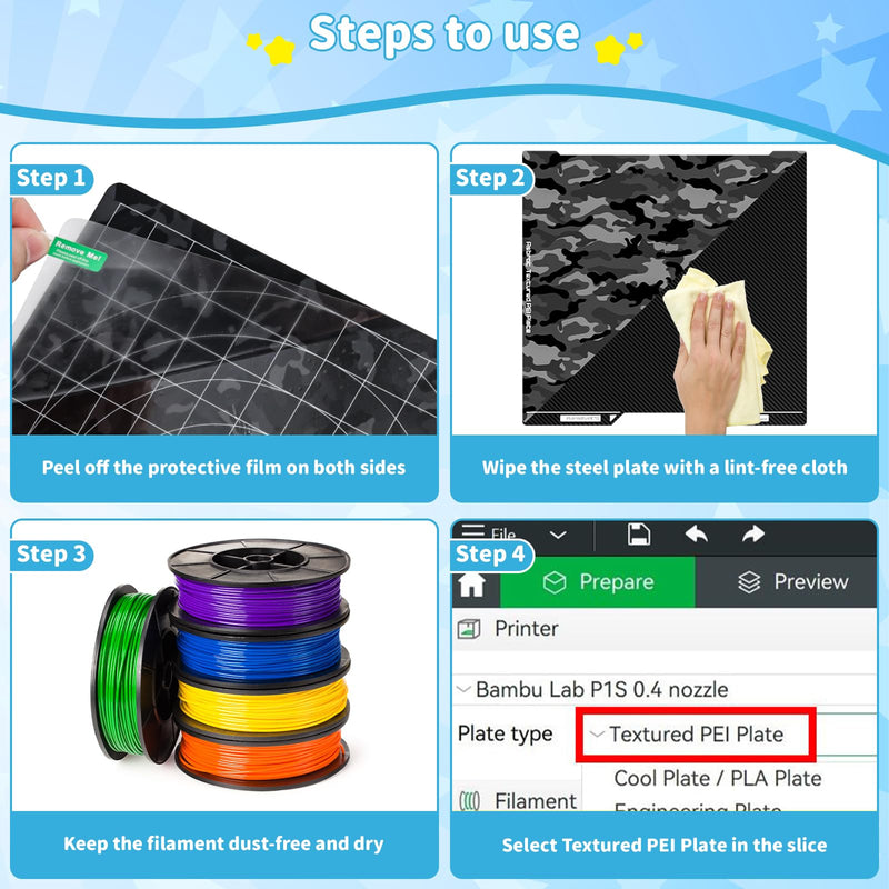 Camouflage and Carbon Fiber Pattern Transfer to Prints, 3D Printer Build Plate Compatible with Bambu-Lab H2D, Strong Adhesion and Easy Release Spring Steel Sheet