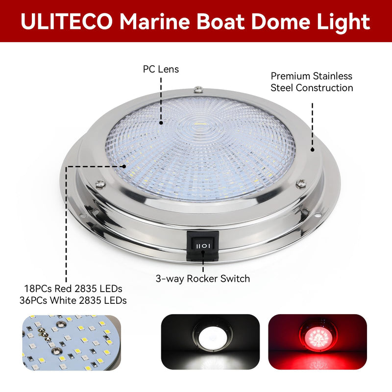 Marine Boat Dome Light, 5.5 Inch Dual Color LED Marine Interior Light with Toggle Switch, 12V Boat Cabin Light with Stainless Steel Surface Mount, White and Red White&Red -Dia 5.5 Inch