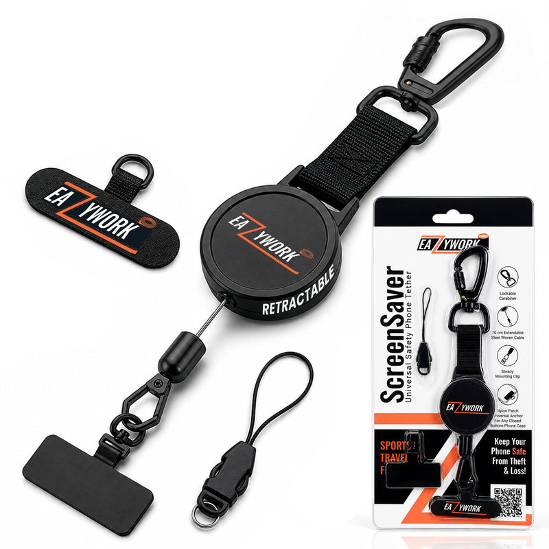 Retractable Phone Tether with Locking Carabiner & metal 360° Anti-Theft Phone Lanyard, 27.5" Steel Cable Phone Leash Black