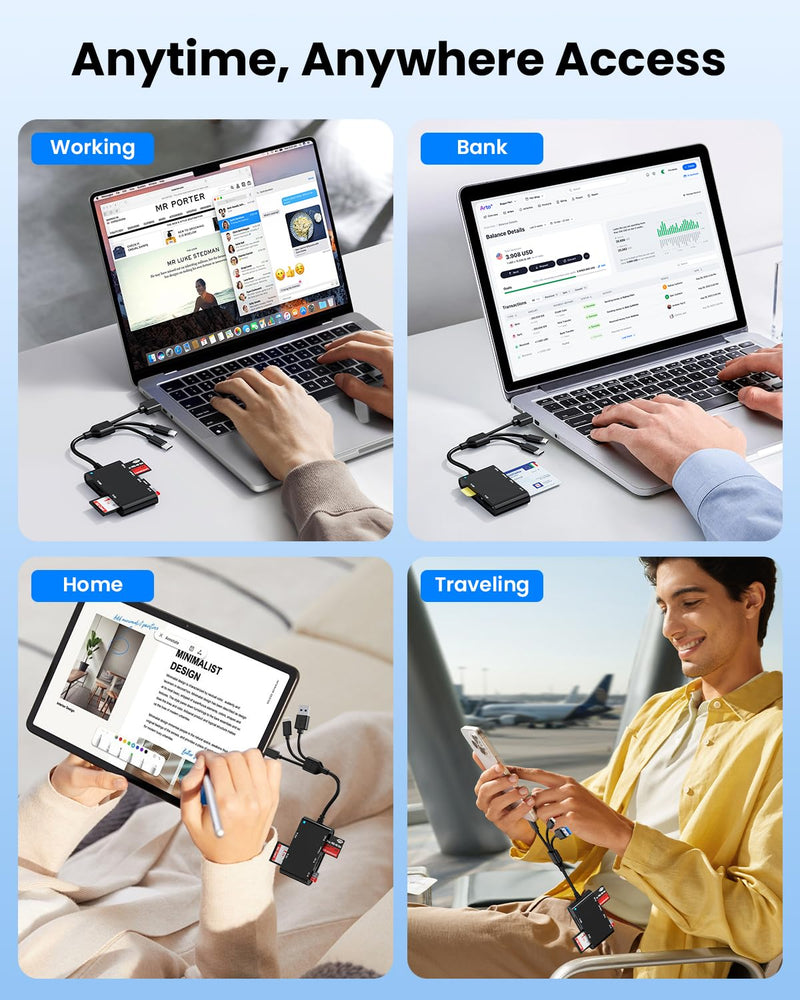 USB-A/USB-C/Lightning Smart ID Card Reader ID Bank SIM Chip SD Card Adapter | CAC ISO7816 ID Card Reader for SD/TF/MS/M2/SIM/IC/CAC&PIV Cards | Accepts Contactless for PC,Windows,Linux,Mac,Plug-and-Play Black