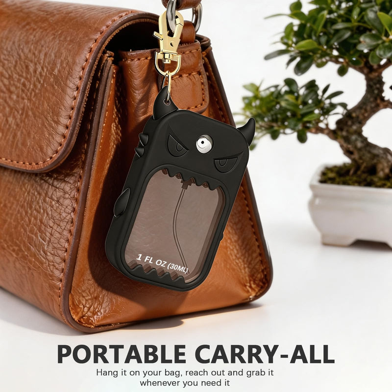 Cute Monster Silicone Case Compatible with Touchland Hand Sanitizer Spray 1 Fl Oz, Black Soft Protective Cover with 360° Rotating Metal Keychain Clip for Backpack Purse Travel