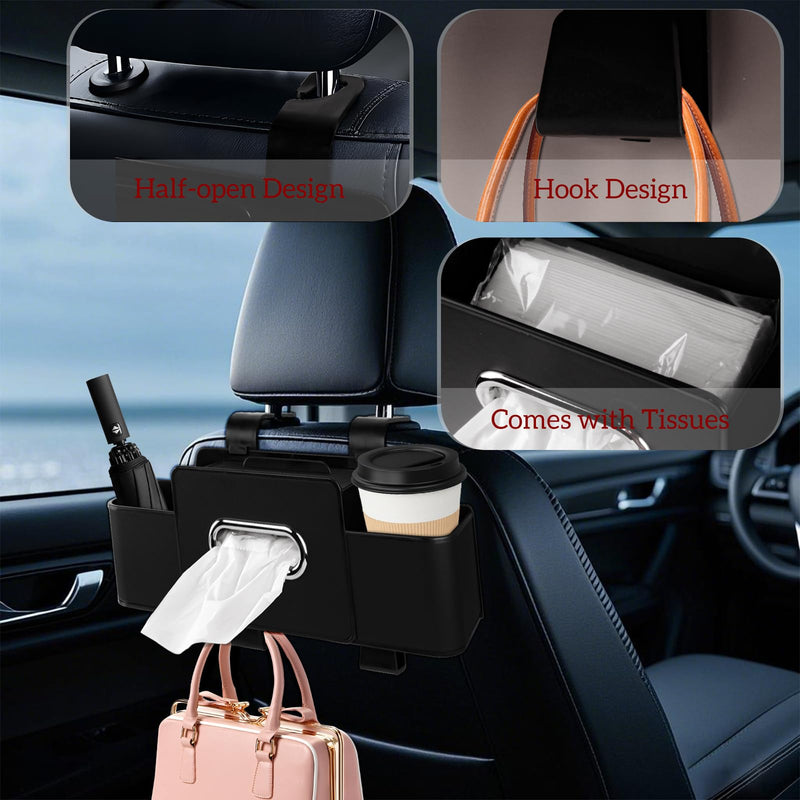 Car Back Seat Organizer with Tissue, Car Seat Back Tissue Box and Storage Hook, Multifunctional Car Organizer for Hold Phone,Drinks,Handbag,Compatible with Most Vehicles (Black) Black