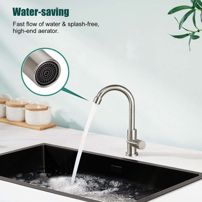 Heyalan Cold Water Only Kitchen Faucet, SUS304 Stainless Steel Bar Sink Faucet, Single Handle High Arc Gooseneck, 1 Hole Deck Mount, Brushed Nickel, 8.3 Inch for Bar, RV, Laundry, Outdoor