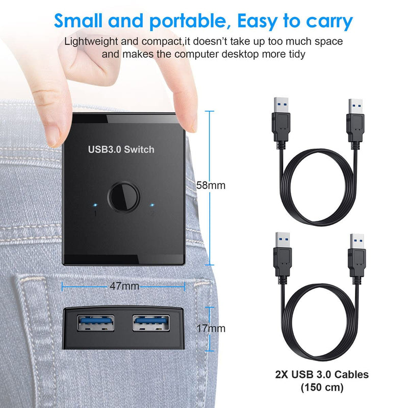 Cablecc KVM USB 3.0 Bidirectional Switch Selector 2 to 1 PCs Sharing or 1 to 2 Hub for Keyboard Mouse Scanner Printer
