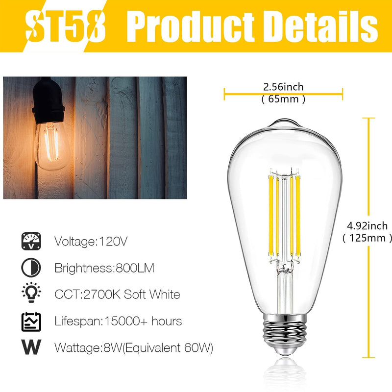 DAYBETTER 16 Pack Vintage LED Edison Bulbs, E26 Led Bulb 60W Equivalent, Dimmable Led Light Bulbs, High Brightness 800 LM Warm White 2700K, ST58 Antique LED Filament Bulbs, Clear Glass Style for Home