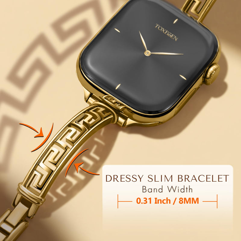 Slim Bracelet for Apple Watch Series 11-3 SE 3 2 1 Ultra Women iwatch Bands | Greek Key Design, Solid 316L Stainless Steel, Fits 38/40/41/42/44/45/46/49mm, Adjustable Length, Dressy Gift for Her Gold 38/40/41/42mm(Series 11/10)