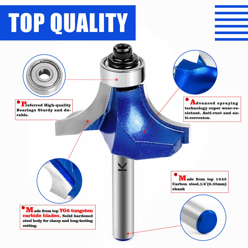 6Pcs Roundover Router Bit 1/4 Shank,Radius in 1/8" 3/16" 1/4" 5/16" 3/8" 1/2",Carbide Tip 2 Flutes Corner Rounding Over Edge Forming Router Bit with Bearing Guide CNC Woodworking Tool 1/8" 3/16" 1/4" 5/16" 3/8" 1/2" Radius 1/4" Shank