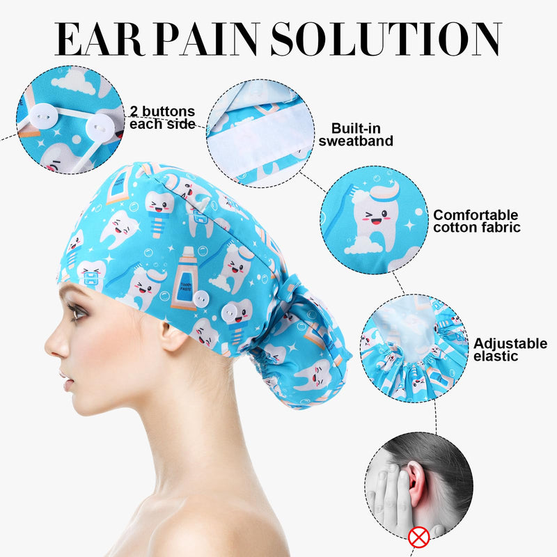 Tisancy 12 Pcs Dental Scrub Cap for Women Nurse Cap with Button Adjustable Dentist Surgical Hat Long Hair Ponytail Pouch Hat Classic