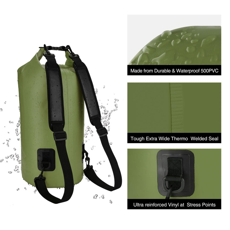 Piscifun Dry Bag, Waterproof Floating Backpack 10L/20L/30L/40L with Waterproof Phone Case for Boating, Kayaking, Fishing Army Green