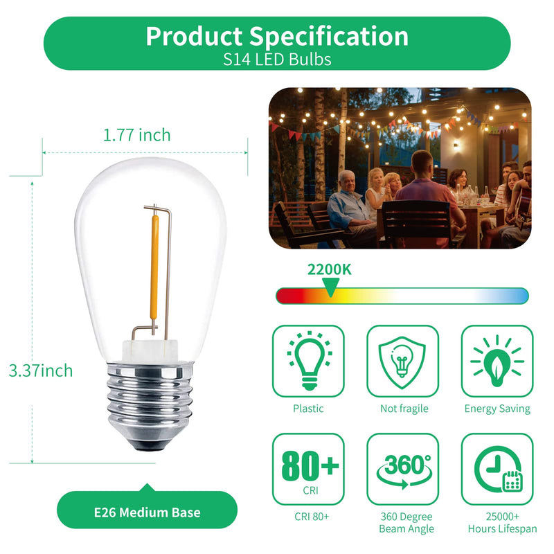Meconard 48 Pack S14 LED String Light Bulbs, 1 Watt Shatterproof Replacement Bulbs for Patio Outdoor Sting Lights, E26 Medium Screw Base, Warm White 2200K, Non-Dimmable 48 Count (Pack of 1)