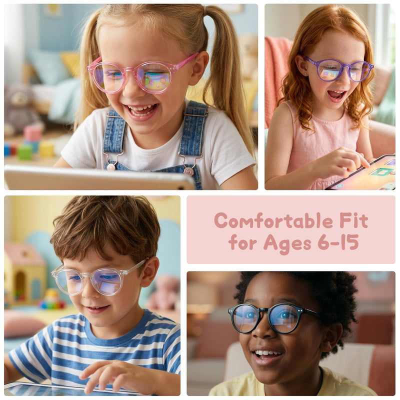 3 Pack Kids Blue Light Glasses, Lightweight Round Frame 6-15 | Blue Light Glasses for Kids girls and boys, Toddler Kids Clear Eye Glasses UV400, Fake Glasses Crystal Purple + Pink + Clear Aged 6-15 3