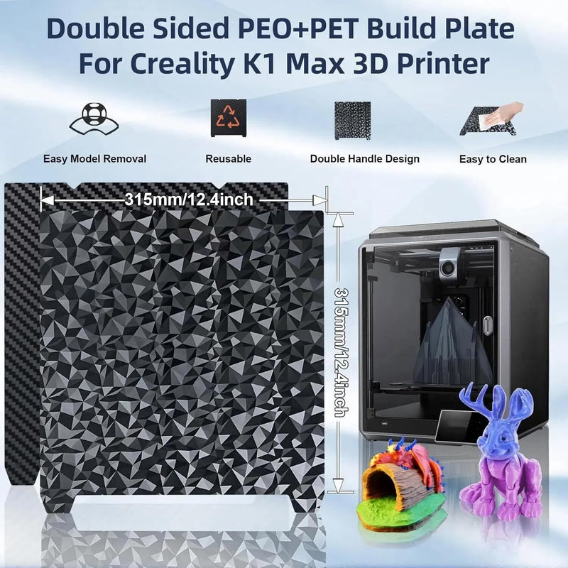 IdeaFormer-3D PEO PET Build Plate for Creality K1 Max/Ender 3 V3 Plus Diamond PEO+Carbon Fiber PET Flexible Spring Steel Bed Plate 310x315mm for Creality K1 Max/Ender 3 V3 Plus 3D Printer Platform