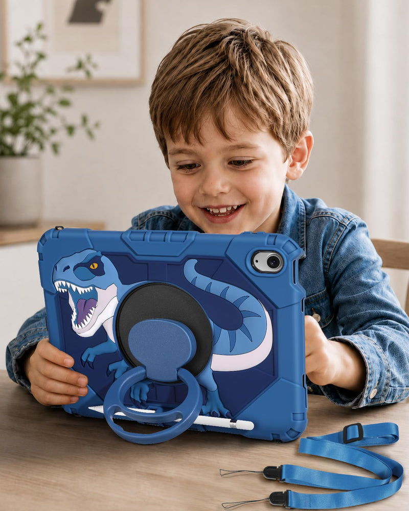 Uppuppy for iPad A16 Case 2025 11 inch/for iPad 10th Generation Case - Rugged Heavy Duty Shockproof Protective Cover with Pencil Holder, Rotating Stand, Shoulder Strap for Kids, Boys, Blue Dinosaur
