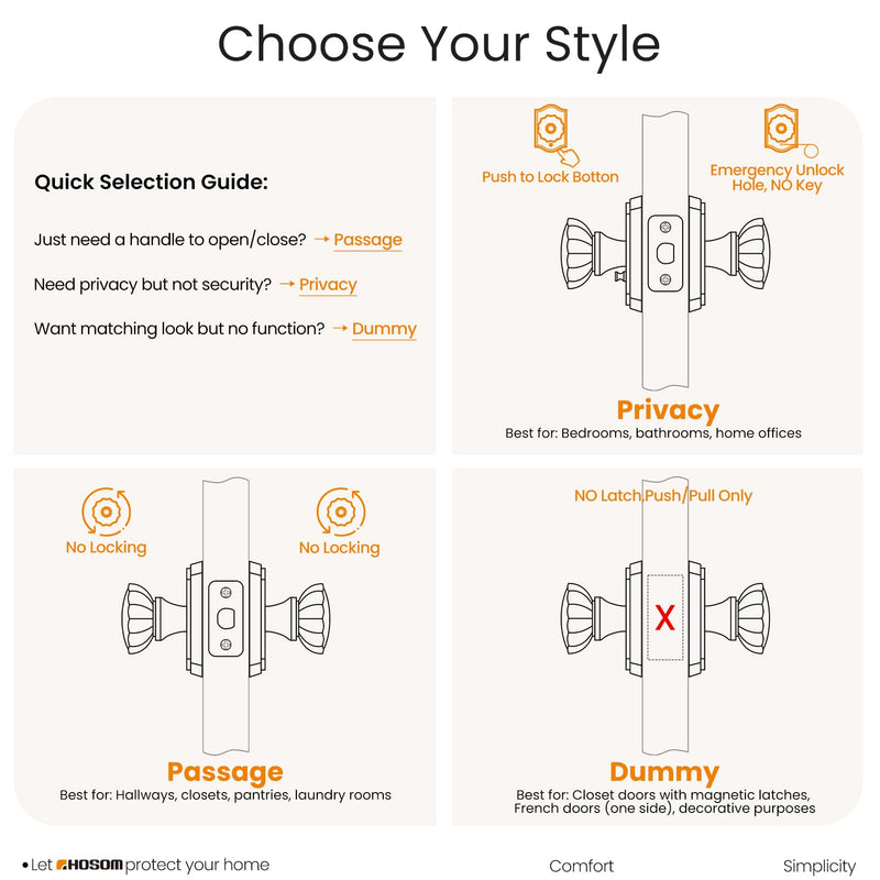 HOSOM Glass Door Knobs with Lock, Privacy Door Knob, Keyless Gold Door Knobs, Crystal Door knobs Interior Door Lock for Bedroom, Bathroom, Gold Privacy+Satin Brass Round Cover With bead