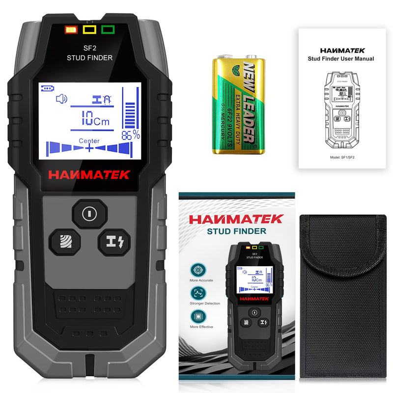 HANMATEK Stud Finder Wall Scanner - 5 in 1 Electronic Wall Wood Stud Finder,Audio Alarm and HD LCD Display with Updated Positioning Hole for Center and Edge of Wood AC Wire Metal Studs Joist Pipe Gray