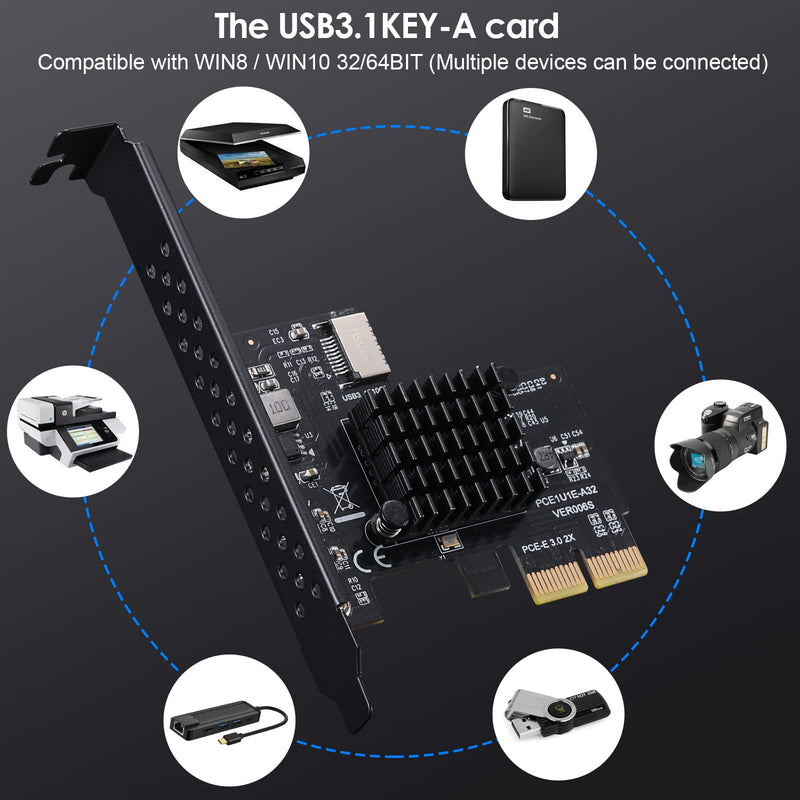 PCI-E 2X to USB3.1 Front Type-C, 10Gbps Type-E Backward Expansion Card, PCI Express 3.0 X2 Adapter(ASM3142), Riser Card for Desktop PCS, Supports PCIE X2/X4/X8/X16