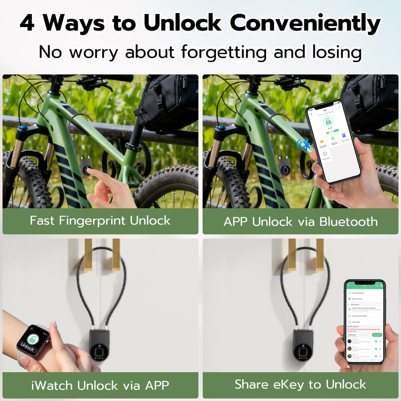 eLinkSmart Fingerprint Padlock, Fingerprint Cable Lock with Bluetooth APP Contral, 15'' Waterproof Keyless Smart Cable Lock Heavy Duty Anti Theft for Bike, Outdoor, Fridge, Gate, Fence, Black Black 15'' long