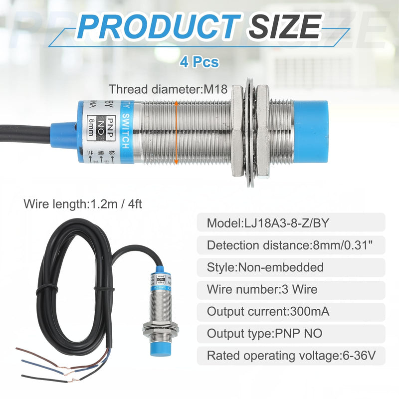 MECCANIXITY 4Pcs Inductive Proximity Sensor,PNP NO M18 DC 6-36V 300mA Proximity Switch Detector Approach Sensor 8mm 3 Wire for Industrial Automation LJ18A3-8-Z/BY 4