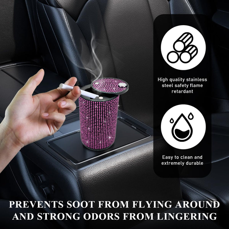 Bling Car Ashtray, Rhinestones Auto Mini Car Ashtray Portable with Lid Smell Proof, Smokeless Vehicle Cigarette Ashtray Ash for Women, Universal Interior Car Accessories (Pink) Pink