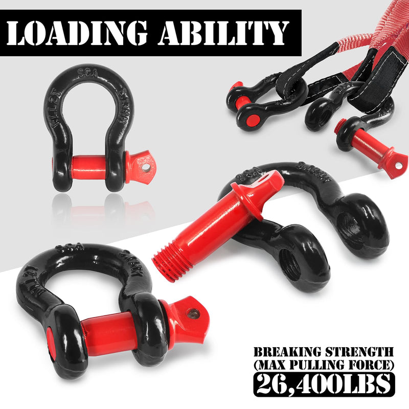 2 Pcs Shackles 1/2" D Ring Shackle 12 Ton (26,455 lbs) Maximum Break Strength with 5/8" Pin for Tow Strap Winch Off Road Vehicle Recovery 1/2 Inch Black & Red 2