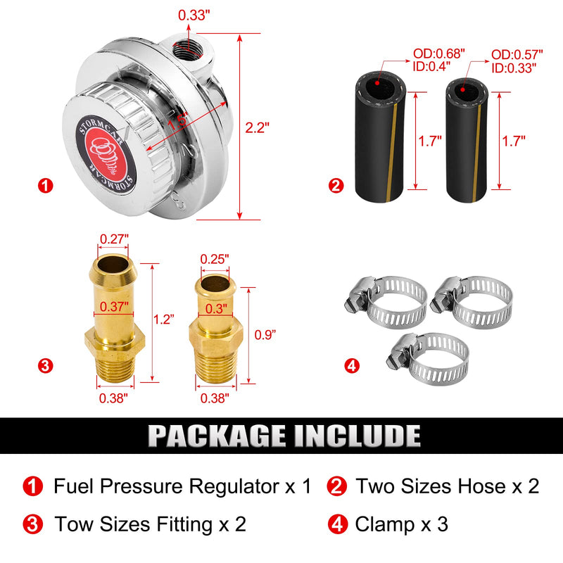 Adjustable Carb Fuel Pressure Regulator Kit Universal Manual 1-5 Psi Fuel Pump Pressure Regulator FPR for Carburetor Engine with 8mm 10mm adapters