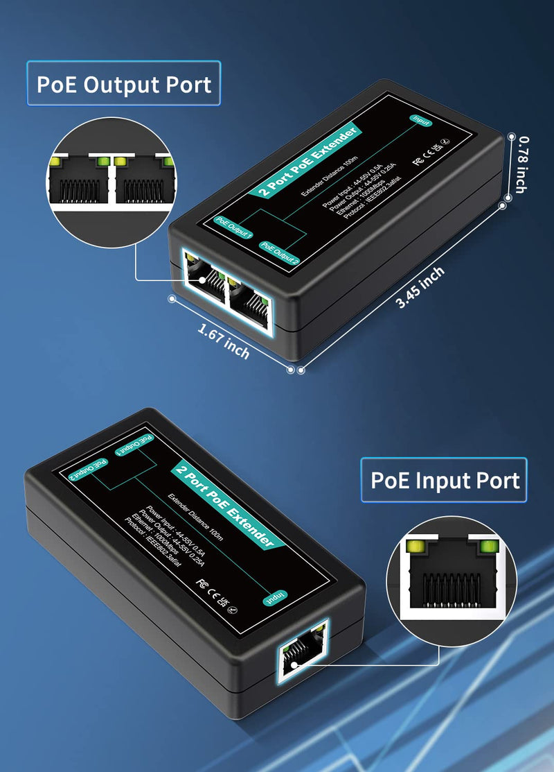 1 in 2 Out Gigabit PoE Extender, NICGIGA 2 Port PoE Repeater 100 Meters(328 ft),IEEE 802.3af/at Power Over Ethernet PoE Splitter to 2 PoE Devices Like IP Cameras, IP Phone, Wireless AP 3 Port | 2* 1000Mbps Out PoE