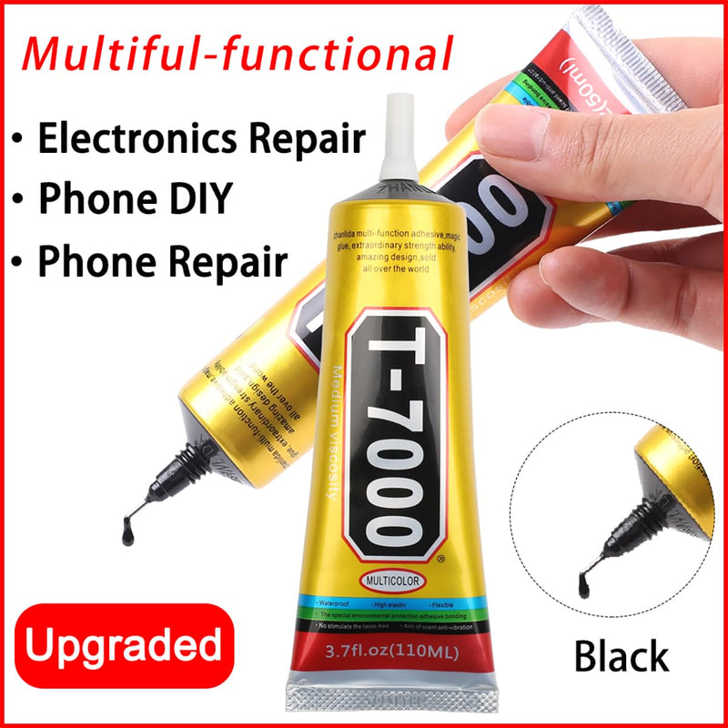 T7000 Black Glue for Cell Phones Mobile Repair Tools kit with Precision Tip, 4Pcs 15ml 50ml 110ml Waterproof Glue Speaker Earphone Electronics Computer Tablets LCD Screen Super Adhesive T-7000 Sealant 4Pcs Bulk T7000 Black Glue with repair tools kit