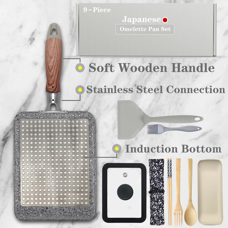 9Pcs Tamagoyaki Pan Set, Japanese Omelette Pan Nonstick with Lid, Square Japanese Egg Skillet Rectangle 7"x5" Grey Gray