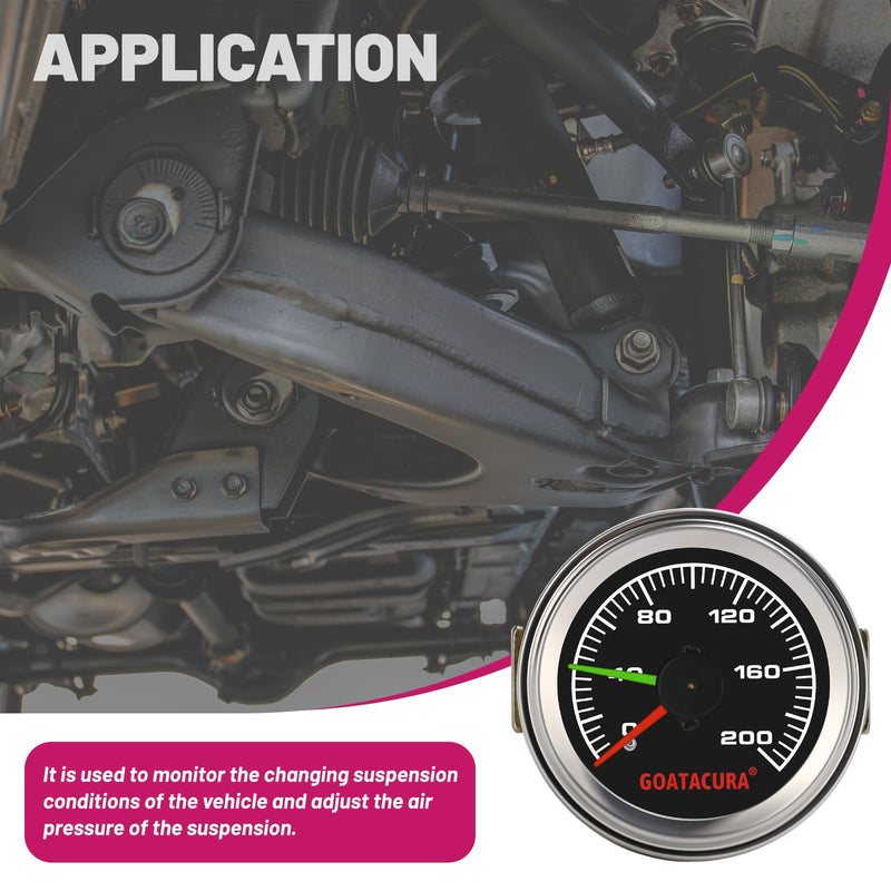 200psi Mechanical Dual Air Pressure Gauge for Air Ride Suspension Systems, 2" Dial Size, Galvanized Iron Case, 1/8" NPT Back Mount, 3-2-3% Accuracy