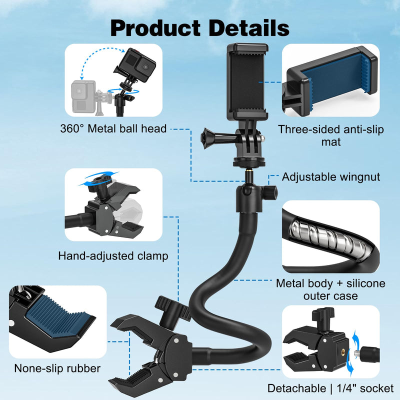 Action Camera Mount, Gooseneck Mount for Camera with Jaws Flex Clamp, Compatible with GoPro Hero, DJI Osmo, Insta360, and Other Action Cameras, with Adjustable Arm for Vlogging and Video Recording