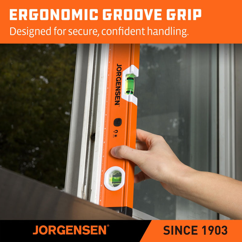 JORGENSEN 16 in. Magnetic LED Lighted Box Level with 90°/180° Bubble Vials, Illuminated leveler tool, Shockproof Rubber End Caps, Metric & Imperial Scale, Aluminum Frame, for Home Installations & DIY 16 inch