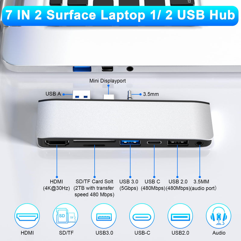 Surface Laptop 2 Accessories, Hub Docking Station with 4K HDMI, USB 3.0, USB 2.0, USB C, SD/TF Card Slot, 3.5mm Audio Port - Hub for Surface Laptop 1/2 Surface Laptop 1/2 Hub