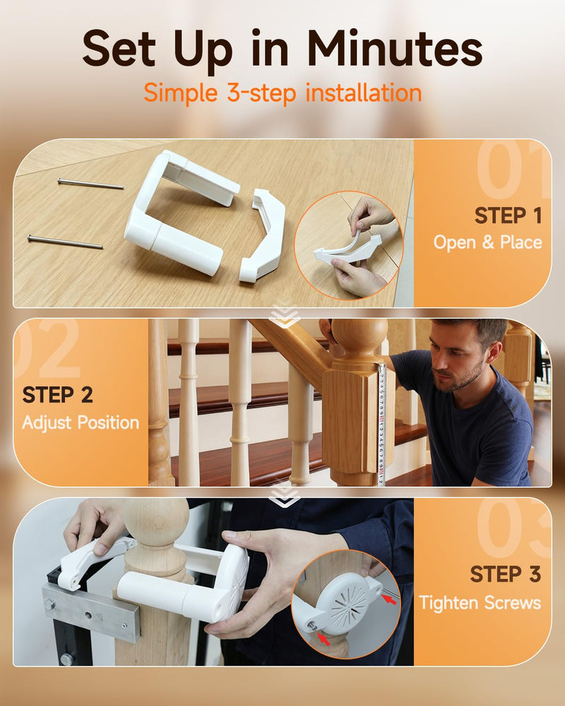 No Drill Baby Gate Banister Adapter, Upgraded Mounting Kit for Stairway, Fits Round & Square Posts 1.5"–3.5", for Most Baby & Dog Gates, No Holes in Your Posts, White