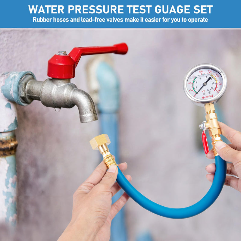 Water Test Pressure Gauge Kit,2.5" Dial+12" EPDM Rubber+1/4" Lead-Free Valve+1/4 to 3/4 Adapter,0-200PSI/0-1.4MPA（Stainless Steel/Color）,Blue Kit Kit | Blue
