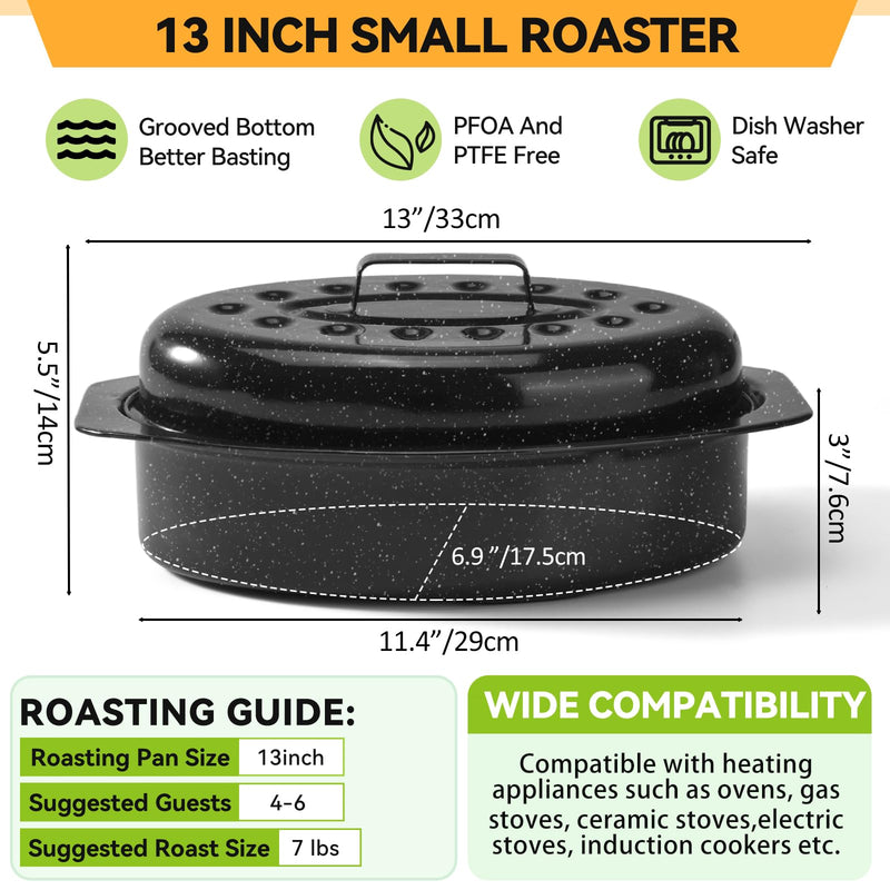 13” Roasting Pan, Turkey Roasting Pan, Small Oval Roaster Pan With Lid For 7 Lb Turkey, Chicken, Lamb, Beef, Vegetables, Casserole, Bread 13"