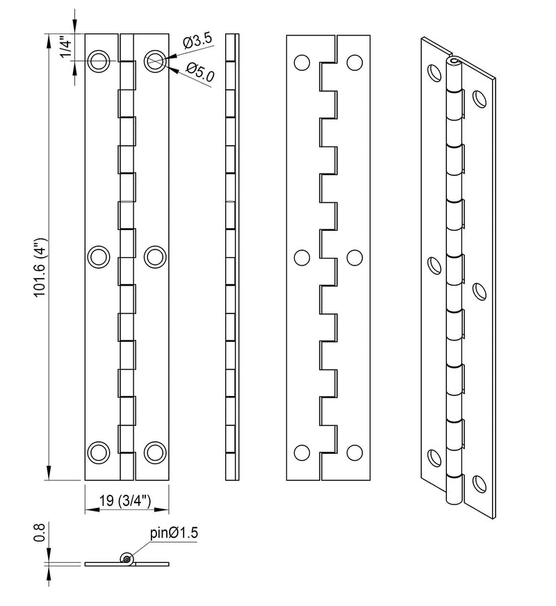 QCAA Solid Brass 180 Degree Narrow Butt Hinge, 4" x3/4" with Stainless Steel Screws, Matte Black, 8 Pack, Made in Taiwan 8 Pack (4")