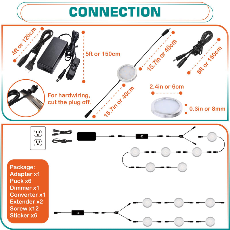 LED Kitchen Cabinet Lighting, Over and Under Closet Light Fixture, 120 Volt US Wall Plug in, Daisy Chained Linkable, Inline Touch Dimmer Switch, Black Cord, 6 Lights, Warm White 2700K