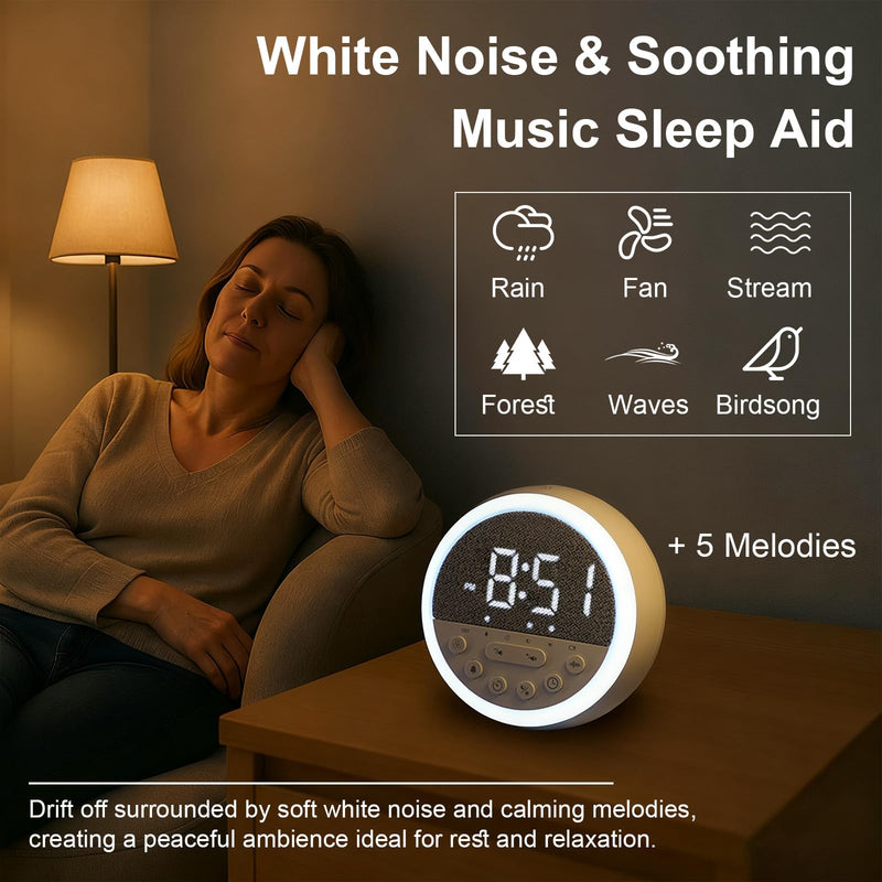 Sunrise Alarm Clock and Sound Machine Nightlight Adjustable Brightness, Rechargeable Wake Up Light Digital, Sleep Timer, Sleep Sounds, White Noise for Baby Kids Adults, Nature Soft Light for Bedroom Grey Height-10cm