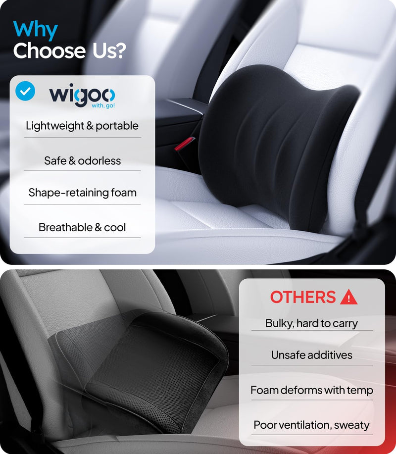 Wigoo 2026 Lumbar Support Pillow for Car [Ergonomic Design, Pressure Relief] Back Cushion for Driving Seat, Back Support Pillow for Car-Office Chair, Fits All Vehicles (Black 1-Pack) Black