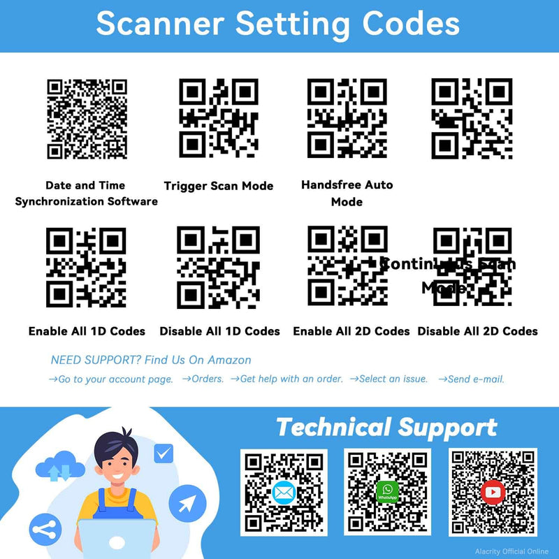 Alacrity Wireless Charging Barcode Scanner, 1D/2D Symbologies, Global Shutter Scan Sensor, Long-Distance 433MHz Wireless & Bluetooth Connectivity, Industrial Shock and Dust-Proof Barcode Reader, Blue Blue-2D