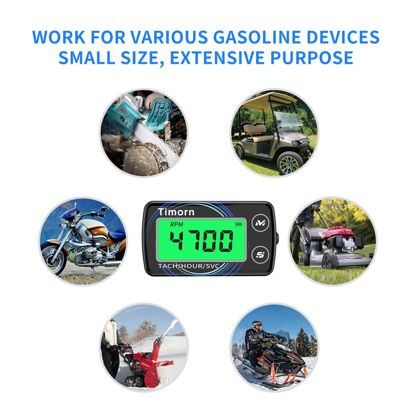 Small Engine Tachometer Hour Meter: Timorn Digital Inductive Waterproof Tiny Tach Meter & RPM Meter & HR Meter for Dirt Bike | Chainsaw | Lawn Mower | Generator Motorcycle Boat Marine Outboard