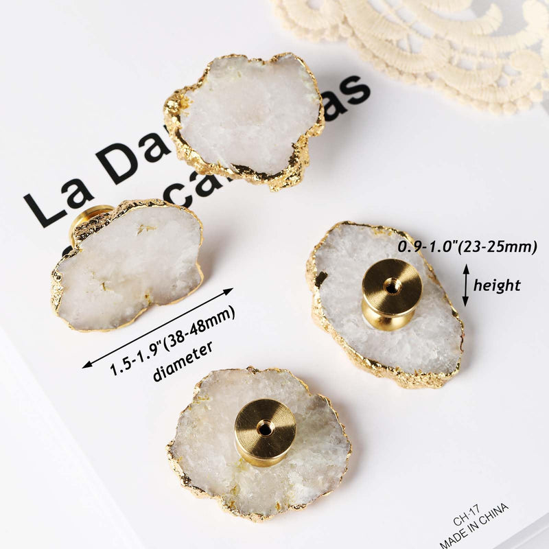 White Geode Cabinet Knobs Crystal Stone Drawer Knobs Handles Decorative Gold Plated Gemstone Cupboard Pulls for Home Office Decor 4 Pack