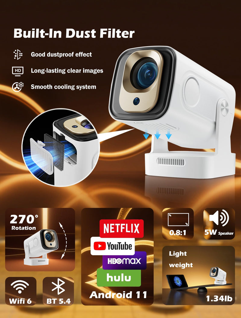 【Auto Focus&1080P】WellSonic Mini Projector with Wifi and Bluetooth, 260 Ansi Portable Moive Projector Outdoor&Ceiling Use, Auto Keystone, Voice Control, 5W Speaker, 4K Support Home Thearter