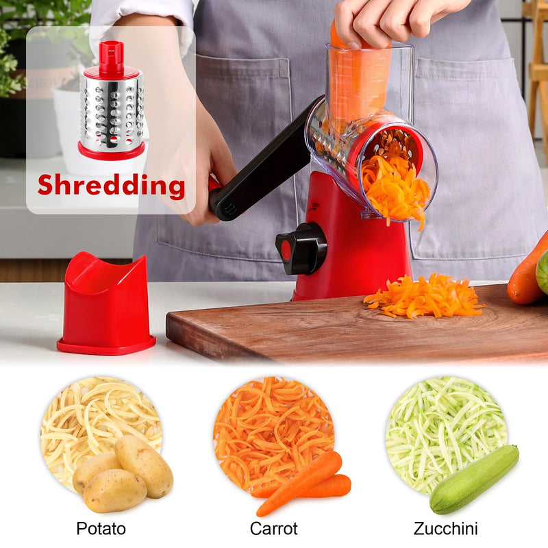 Cheese Grater Rotary, Rotary Grater for Kitchen, Kitchen Grater Vegetable Slicer with 3 Drum Blades, Fast Cutting Cheese Shredder for Vegetables and Nuts Red 3 BLADES