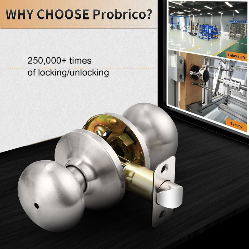 Probrico Keyless Privacy Door Knobs Interior Brushed Nickel Finish, 2 Pack Bedroom Bathroom Doorknob with Universible Handle, Solid Adjustable 60-70mm Latch