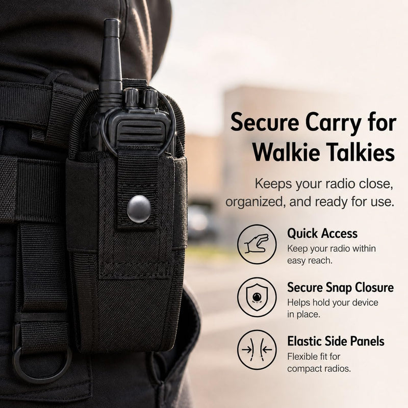Walkie Talkie Radio Pouch, Black Two Way Radio Holder Case with Snap Button Strap and Elastic Cord, Compact Carry Pouch for Security Patrol, Warehouse, Outdoor Hiking, Event Staff