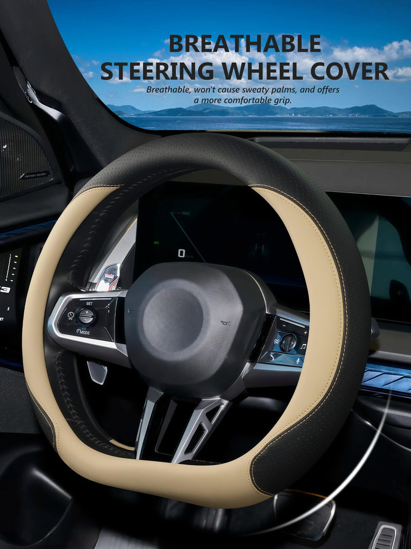 Steering Wheel Cover for BMW X3, Non-Slip D-Shaped Perforated Leather Steering Wheel Protector 14.5 Inch,Funda de Volante para BMW X3 (Beige, D Shape) Beige