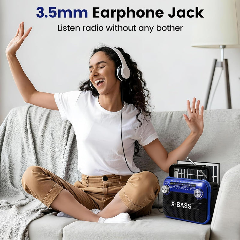 Xbass Stereo Sound Radios Portable AM FM SW Solar Bluetooth Radio with Emergency Flashlight Support USB/TF Player,D Battery Operated/USB Charge,Digital Tuner & Earphone Jack for Outdoor/Indoor/Home